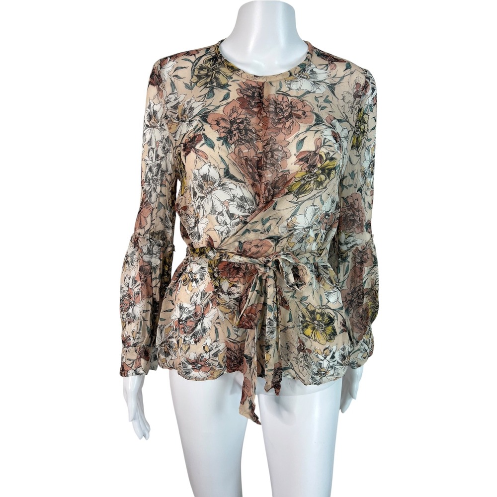 Zara Basic Floral Wrap Tie Waist Blouse Long Sleeve Cottegecore Romantic Size M